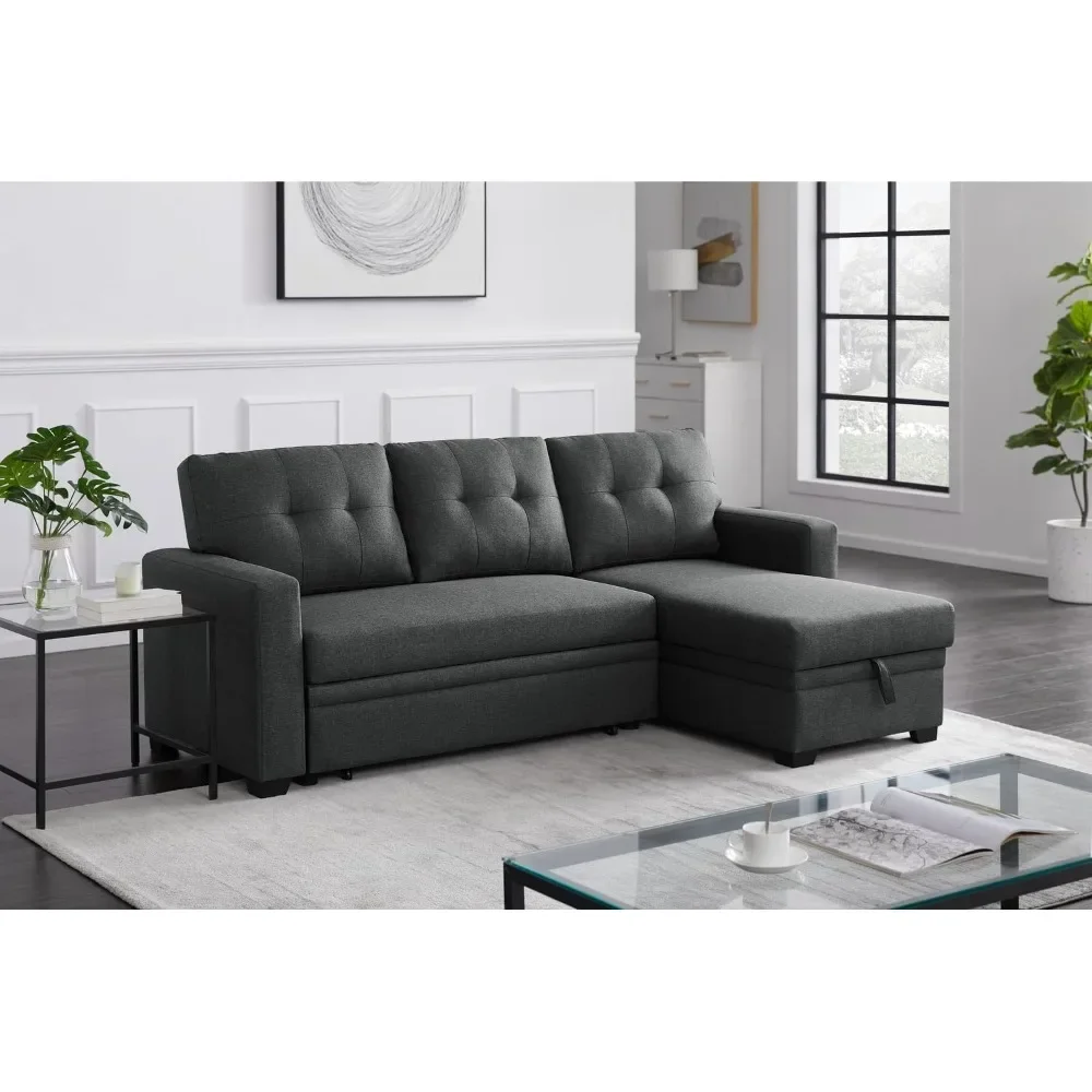 L-Shaped Polyester Fabric Reversible,Easy Convertible Pull-Out Storage Chaise  Tufted Back Cushions and Track Arms in Dark Gray