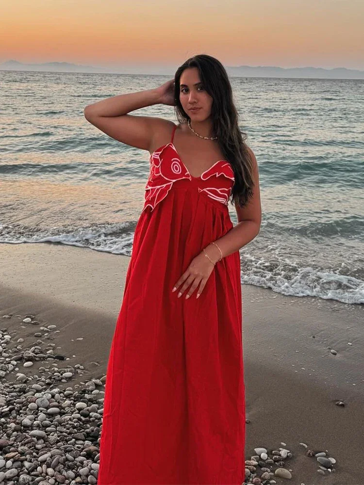 Camisola roja Sexy plisada vestido largo mujer moda empalme bordado con falda trasera expuesta 2024 señora nueva vestido de playa de vacaciones