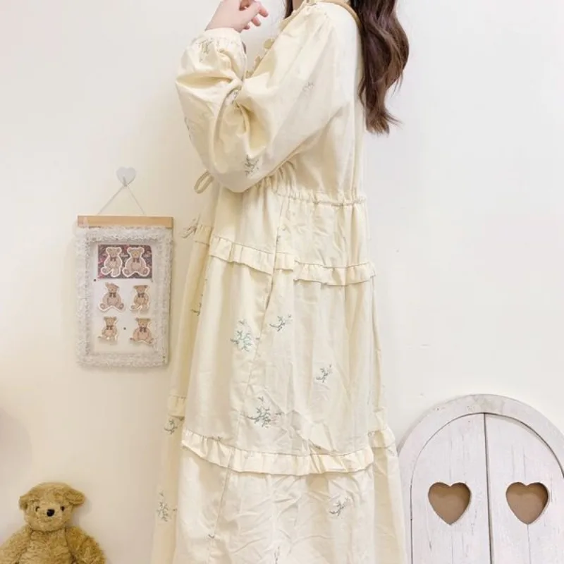 Mori Girl Vintage Embroidery Long-sleeved Spring Dress Japanese Sweet Cute Loose Ruffled Drawstring Beige Long Dresses for Women