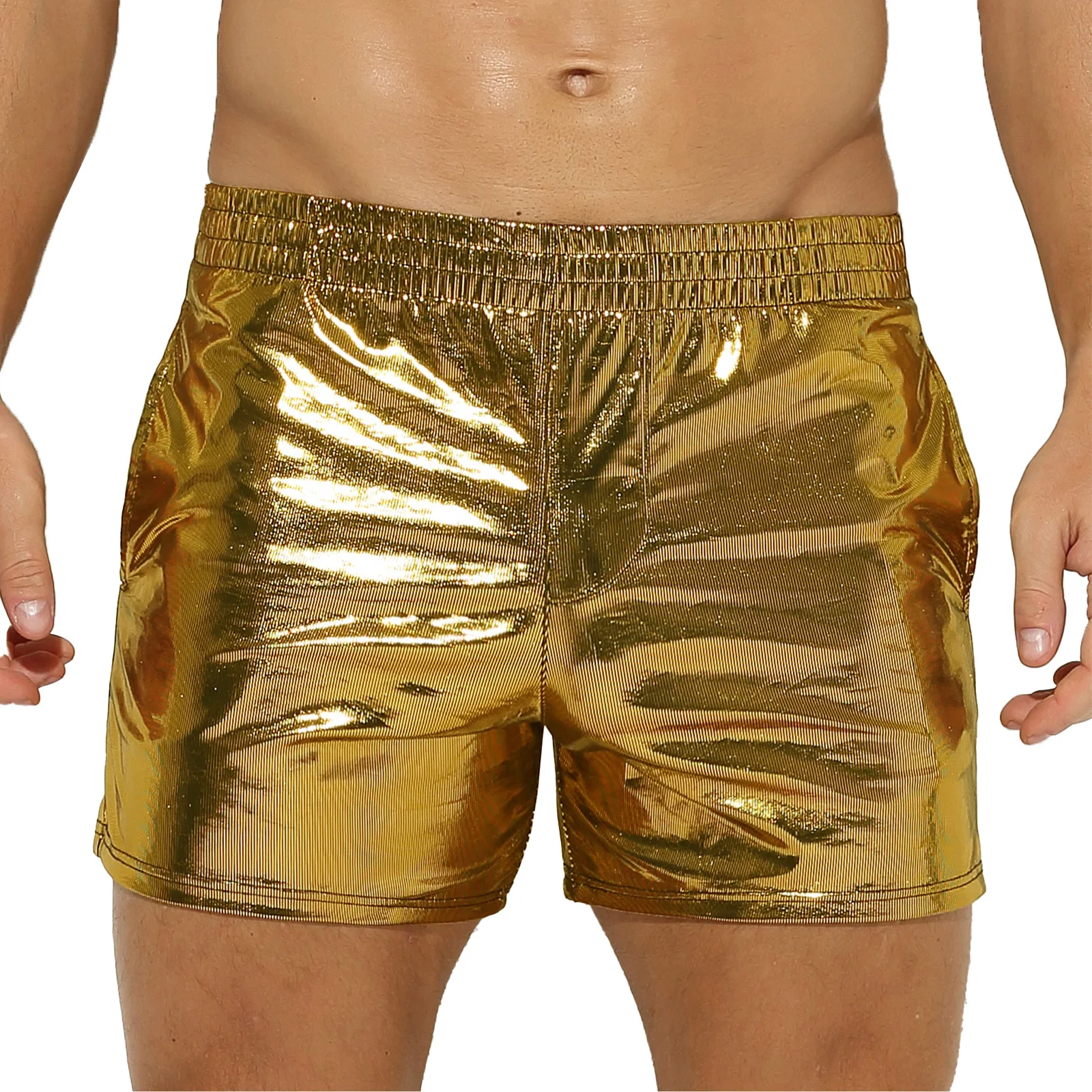 

Mens Shiny Boxer Swimwear Faux Leather Shorts Low Rise Elastic Waistband Short Pants with Pockets for Party Nightclub Stage Show