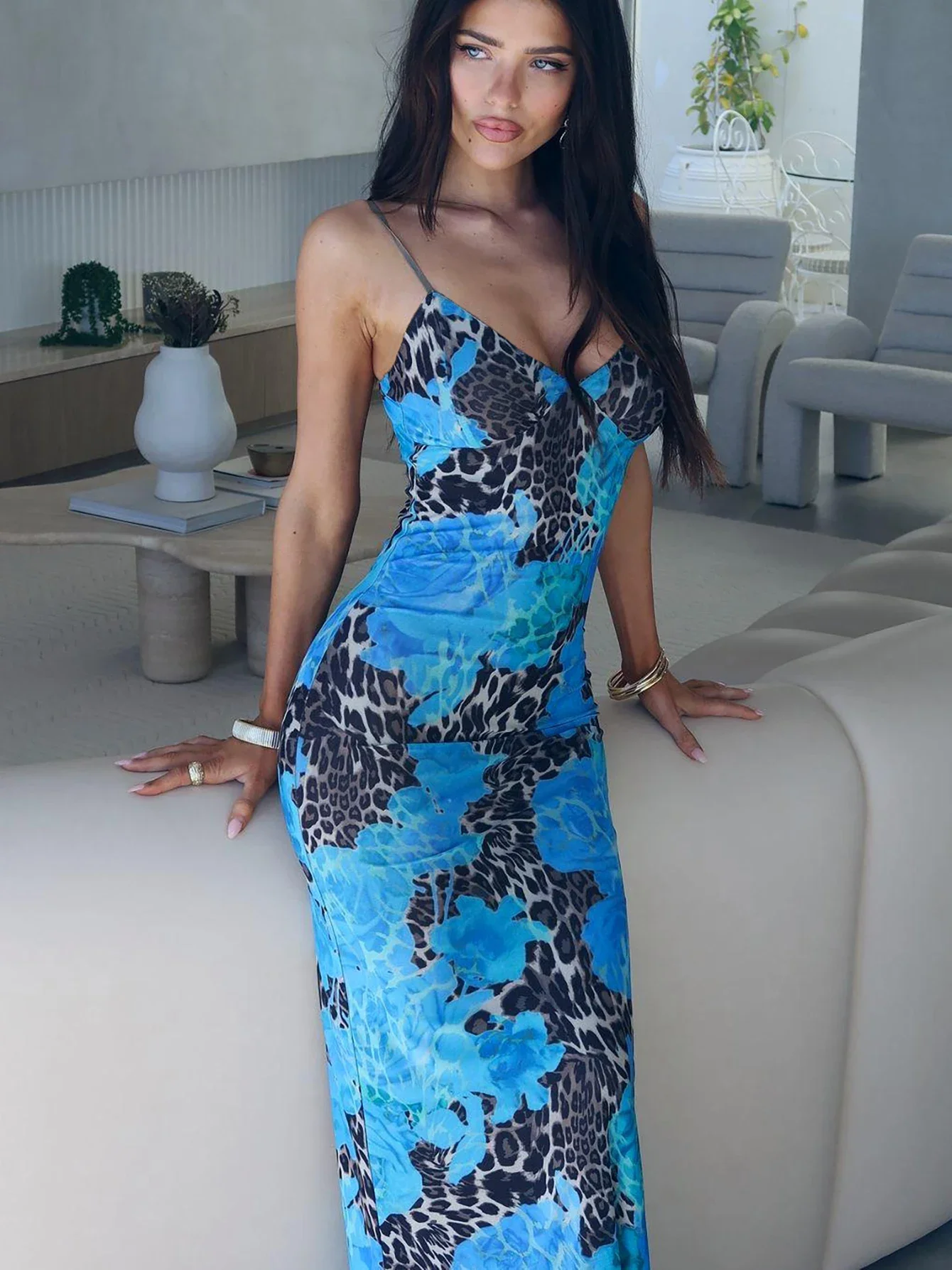 Leopard Patchwork Flower Print Sleeveless Cami Maxi Dress Sexy Bodycon Beach Streetwear Autumn Winter Outfit