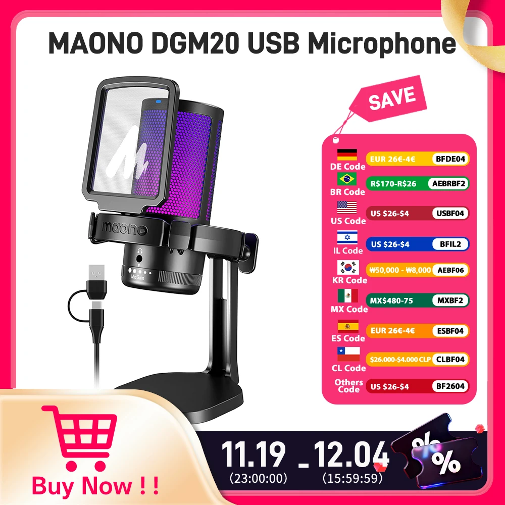 

Игровой микрофон Maono DGM20, USB-микрофон, конденсаторный микрофон, игровой микрофон RGB с программным обеспечением для шумоподавления, усиление микрофона, отключение звука одним ключом