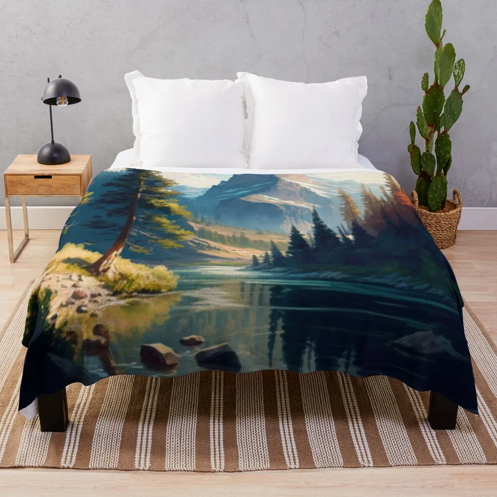 A beautiful landscape of majestic mountains, a sparkling river, and lush trees basking in the bright morning sun Throw Blanket