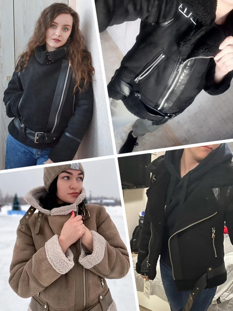 

Winter Women Thick Warm Suede Lamb Jacket Short Motorcycle Brown Coats Faux Shearling Sheepskin Leather Jackets Outwear Women