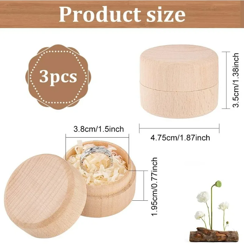 3 Pcs Mini Round Wooden Box 1.8x1.4 inch Mini Storage Wooden Box Burlywood Beechwood Ring Jewelry Earring Trinket Box