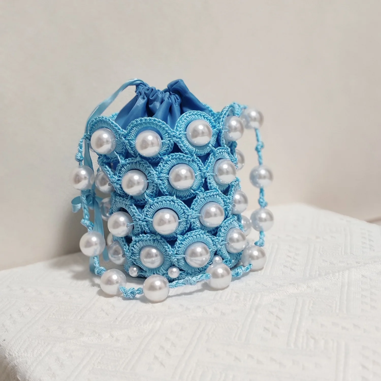 Luxury Handmade Crochet Pearl Bucket Bag for Women – Elegant Beaded Shoulder Bag, Cute Mini Drawstring Purse, Summer Party Eveni image 6