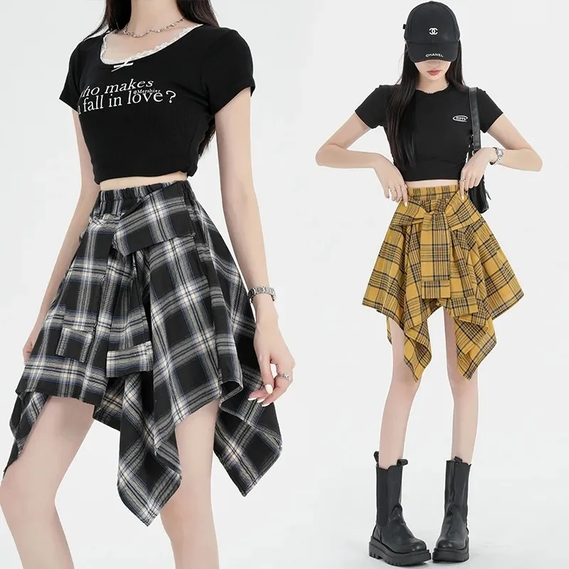 Irregular High Waist Cargo Plaid Skirt for Women Bow knot Tie Casual Sports Sexy Short Skirts y2k Female Mini Halfskirt ﻿