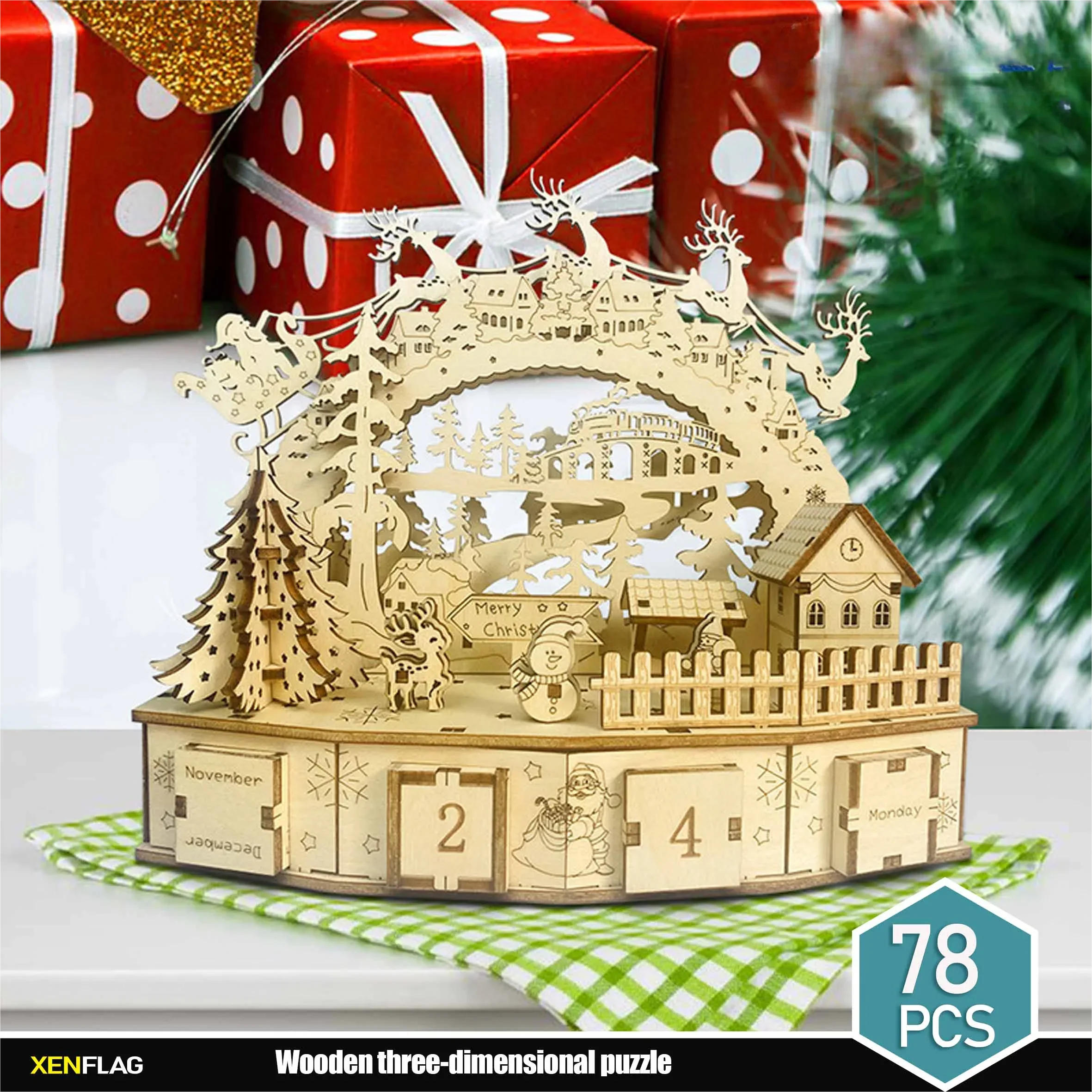 

Christmas Calendar Night Lights 3D wooden model hand-assembled adult children's educational gifts three-dimensional ornaments.