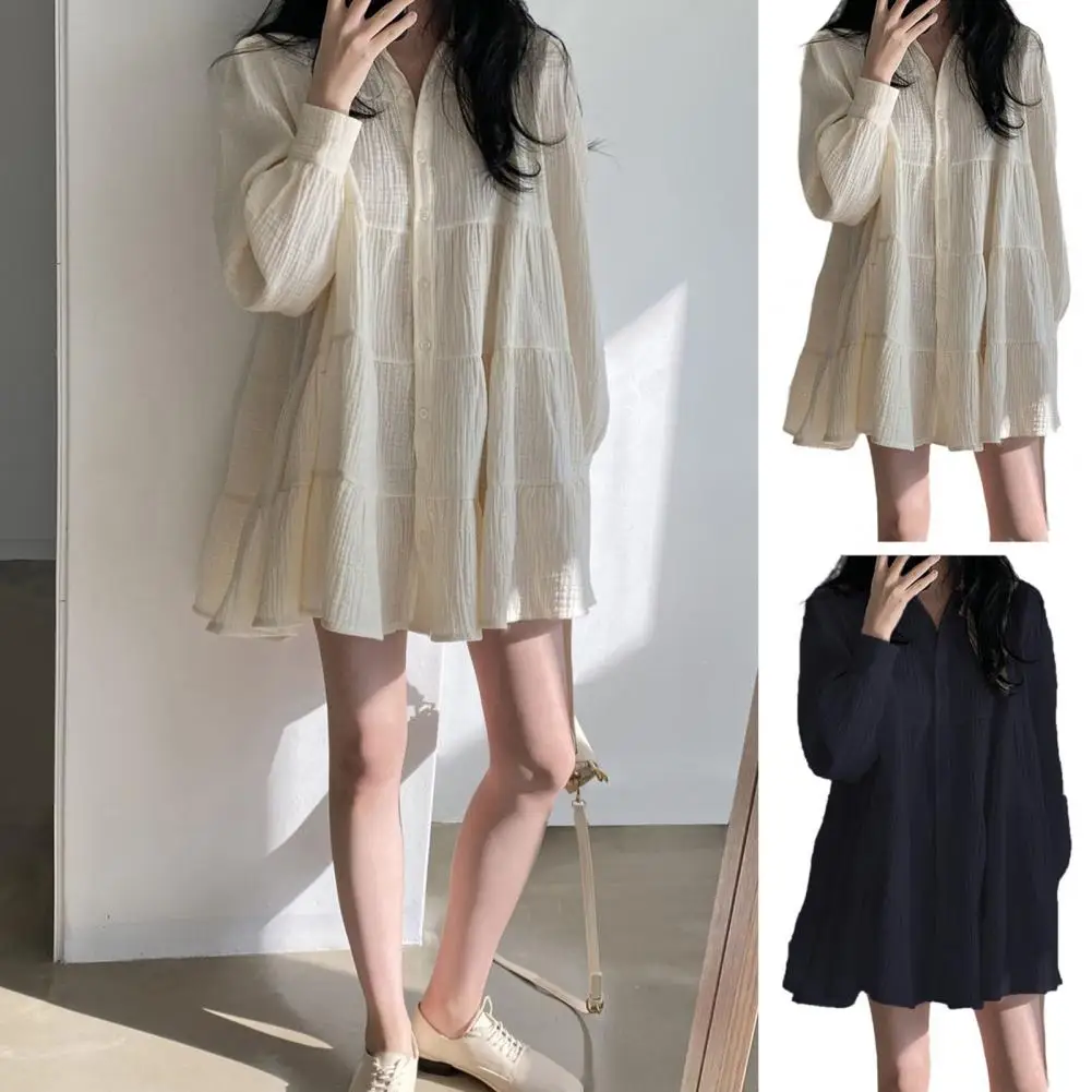 Ruffle Dress Elegant Ruffle Patchwork A-line Dress with Turn-down Collar Puff Sleeves Women's Fall Spring Button-down Mini Dress