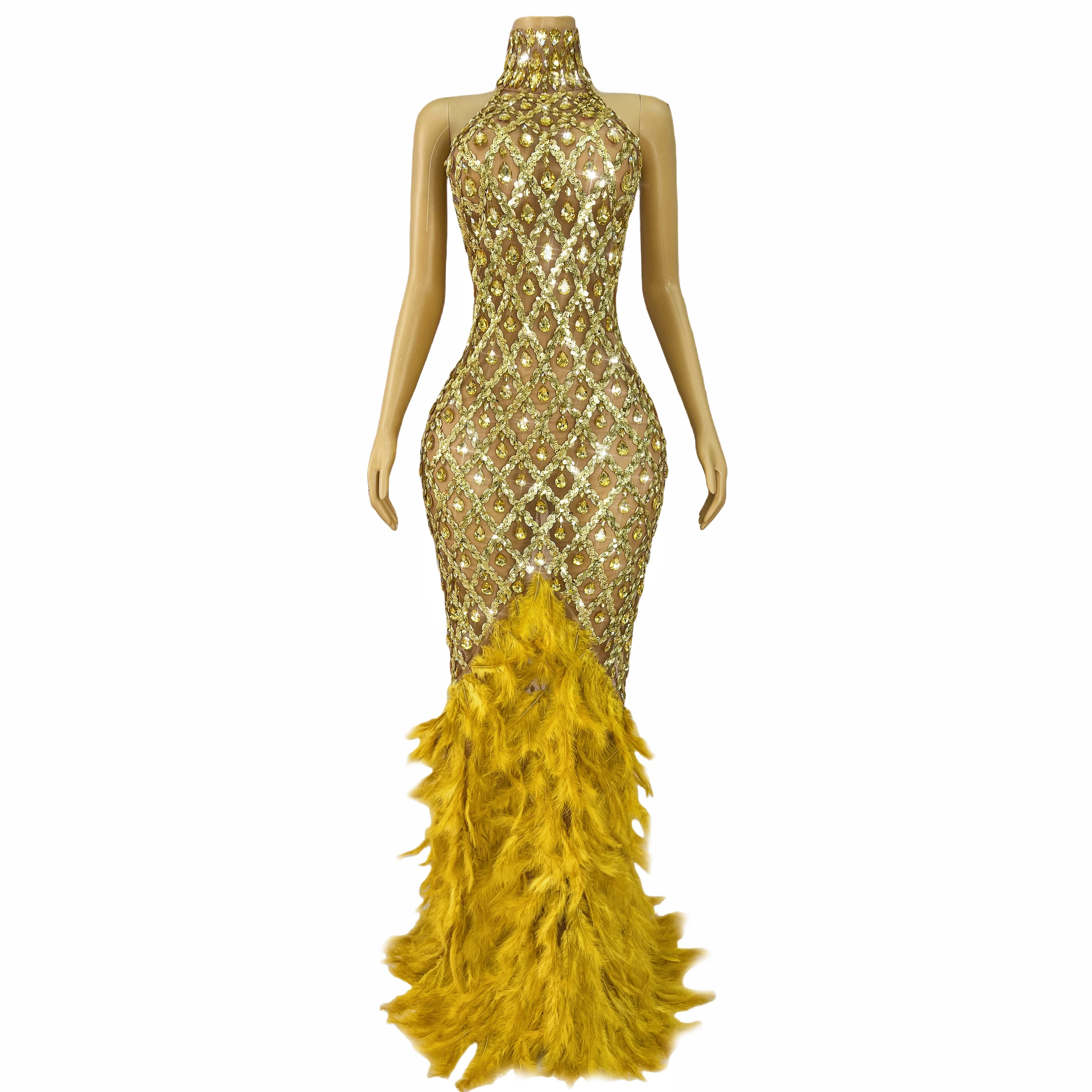Hoogwaardige glanzende gouden strass verenjurk zoom sexy naakt mesh avondjurk rode loper modeshow jurk shaokao