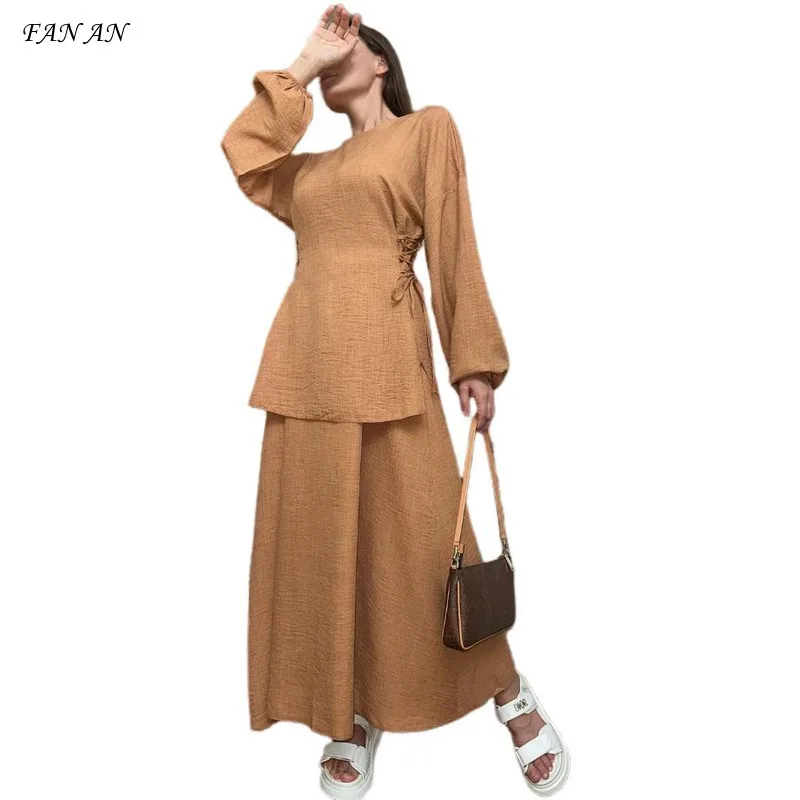 

2024 Autumn New Women's Fashion Solid Color Long Sleeve Shirt Skirt Casual Set for Commuting Women Arab Muslim Two Piece Set