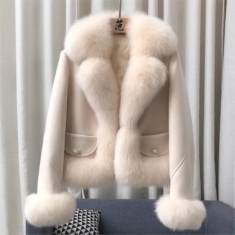 معطف فرو نسائي قصير جديد مصنوع من المختلط والقطن يتميز بمخمل من جلد الأيل عصري