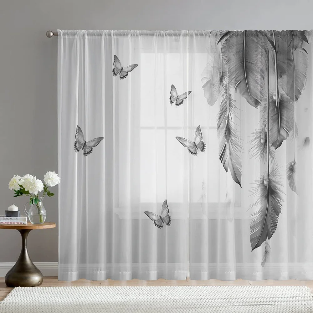2PCS Digital Print Sheer Curtain, Feather Butterflies Lightly Dancing Pattern, Ethereal Elegant Fairy Tale Dreamy Style Decor