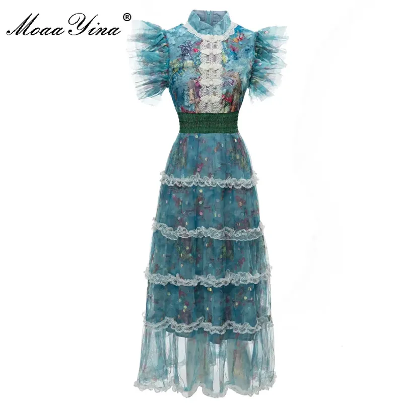 MoaaYina Fashion Designer dress Summer Women's Dress Stand Collar Butterfly Sleeve Lace Patchwork Flower Printing Dresses