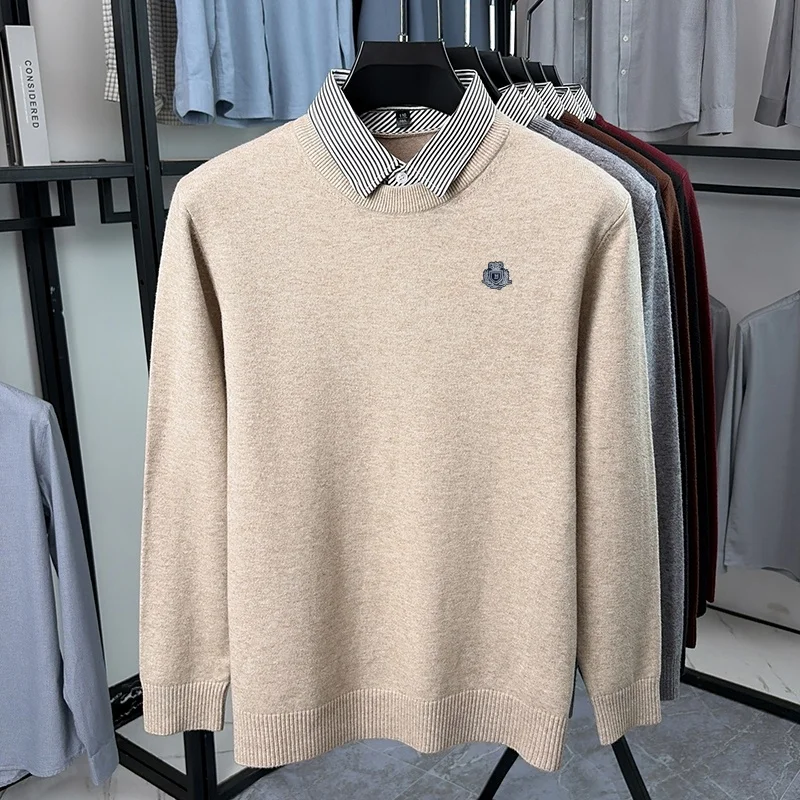 Herbst Herren Einfarbiger O-Ausschnitt Strickpullover mit Stickerei, Zweiteiliges Design, Warme Langarm-Oberteile, Arbeitskleidung für Männer – Detail 12