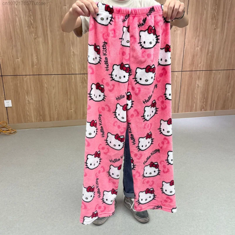 Halloween Sanrio Hello Kitty Plush Cotton Sleep Bottoms Pjs Pants 2023 New Cute Cartoon Flannel Winter Warm Casual Home Pants