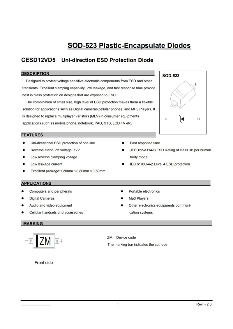 무지향성 TVS 다이오드, SOD 523 ESD 정전기 보호 다이오드, CESD12VD5 ZM, 12V, 50 개