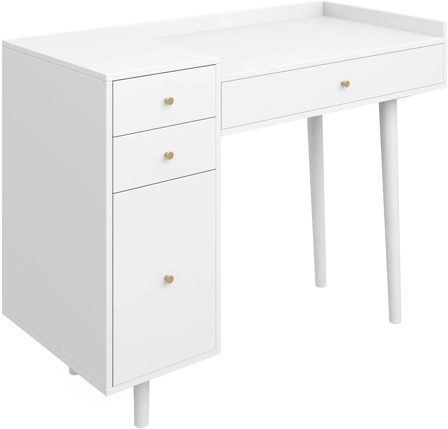 Vanity Dressing Table or Makeup Desk with 4-Drawers and Brass Accent Knobs, White Wood