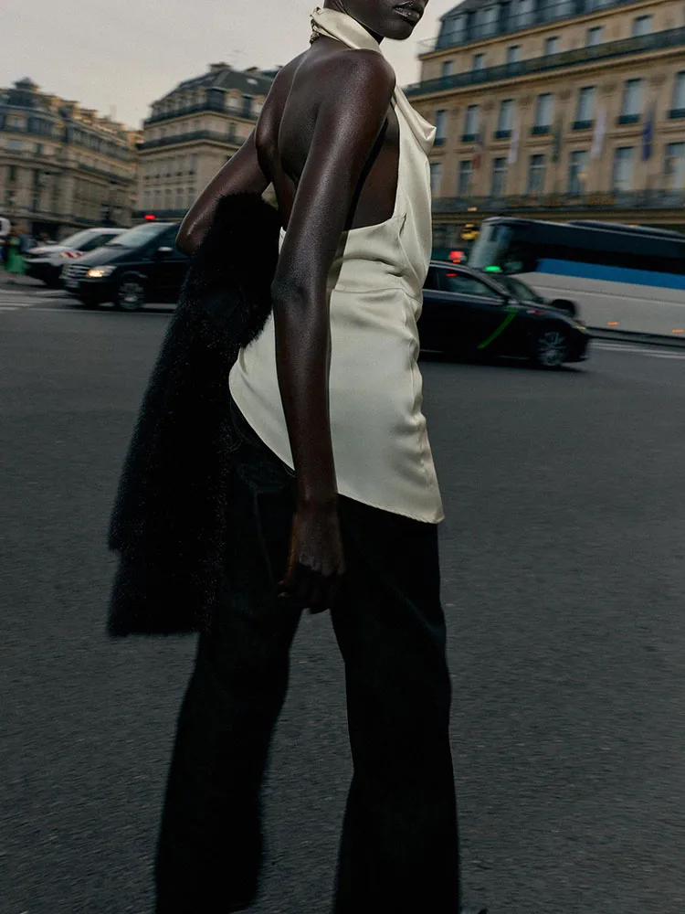 Outono nova chegada feminina faion assimétrico seda cetim sentir colarinho topo versátil ele palco wear étnico sle