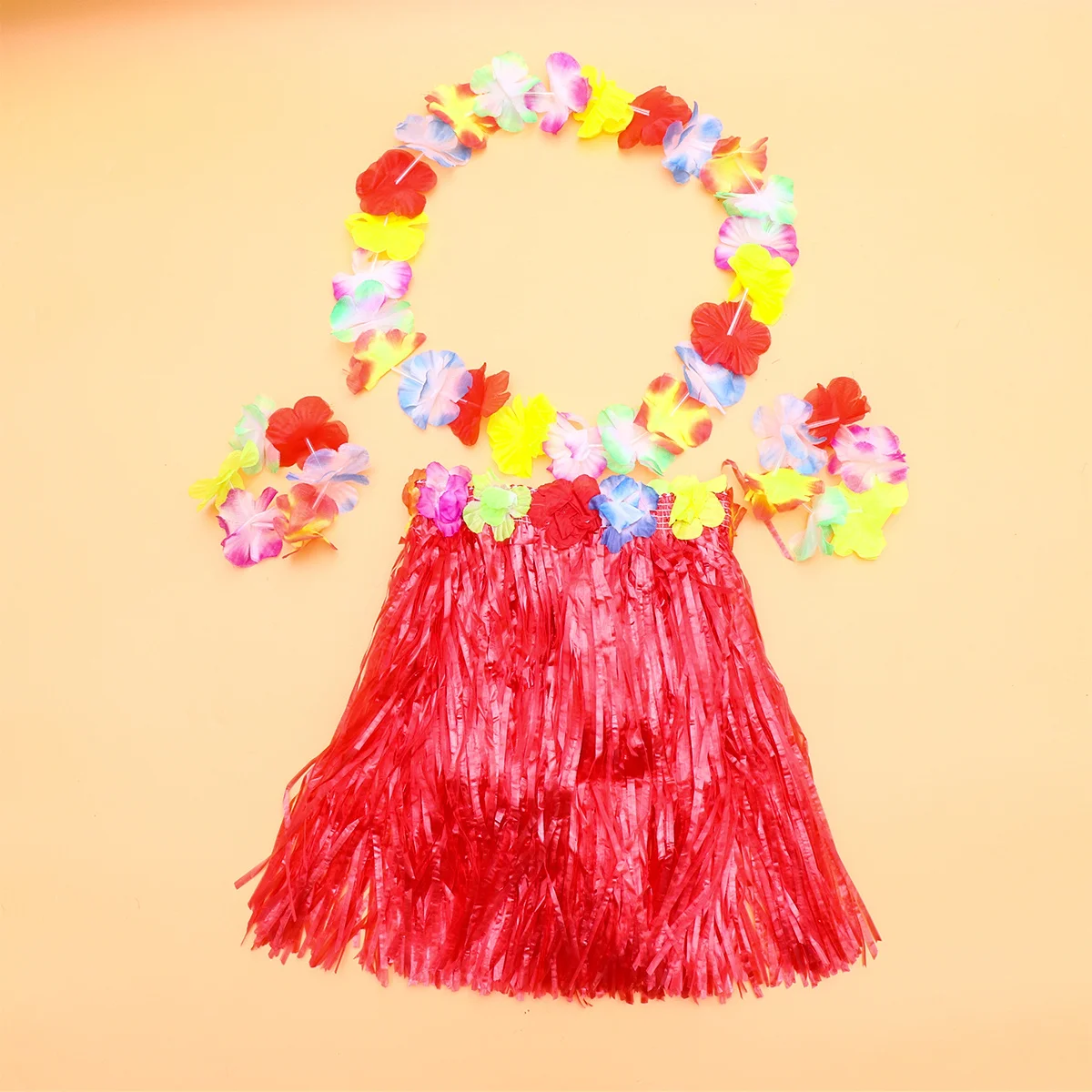 Kinder-Grasrock-Set im hawaiianischen Stil, rotes Party-Outfit mit Halsgirlande, Stirnband, Armbändern für Inseldhema-Tanzveranstaltungen