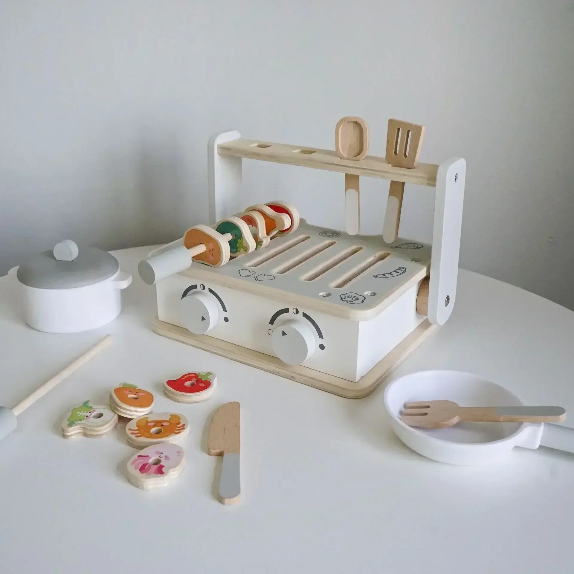 Pot en bois de 26cm, tranche cuillère fourchette barbecue grill brochettes Puzzle ensemble de cuisine jouets interactifs cadeau d'anniversaire pour enfants