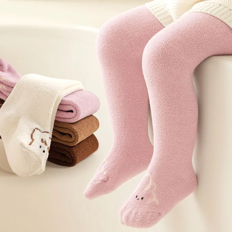 1 Pcs Girls Pantyhose Thick Warm For Spring Autumn Cartoon Bear Kids Knitted Leggings Stretchy Baby Toddler Long Socks