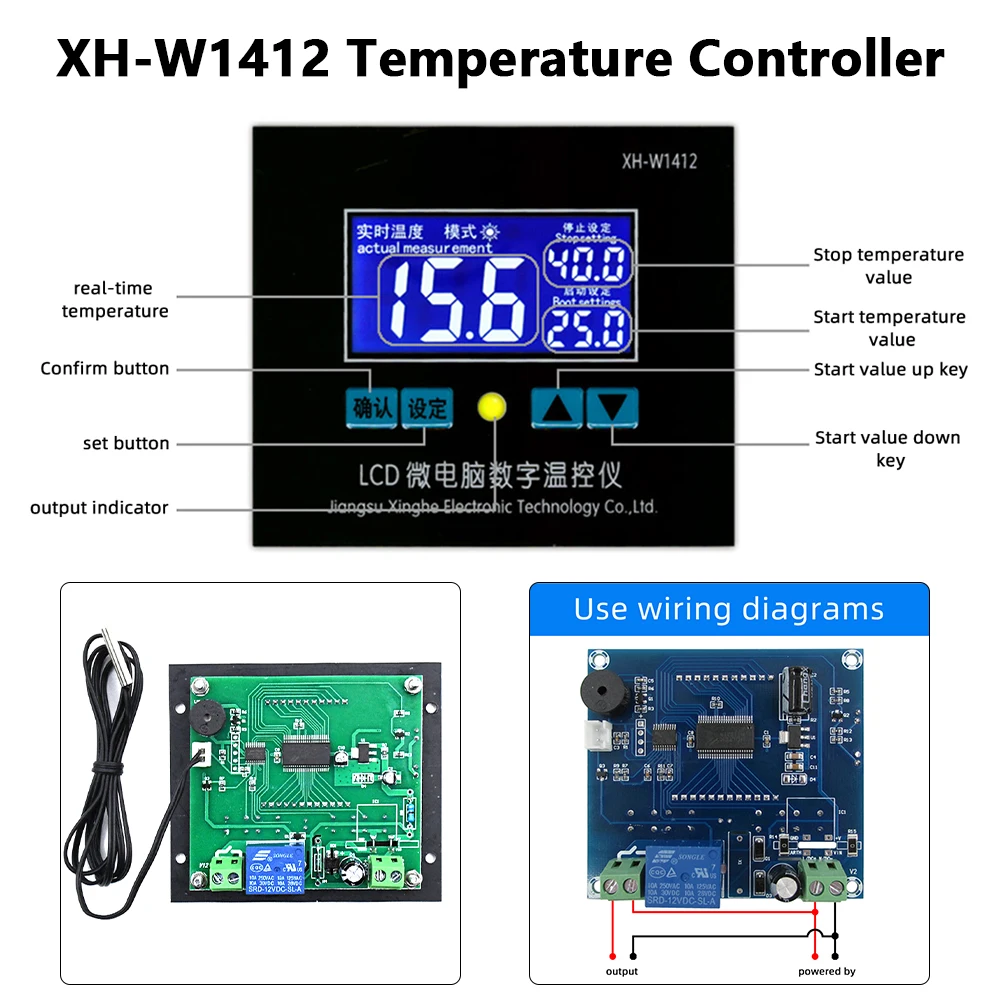 W1412 Microcomputer Temperature Controller Control Thermostat Switch Sensor Cooling Heating Board 12V 24V 220V Relay Output