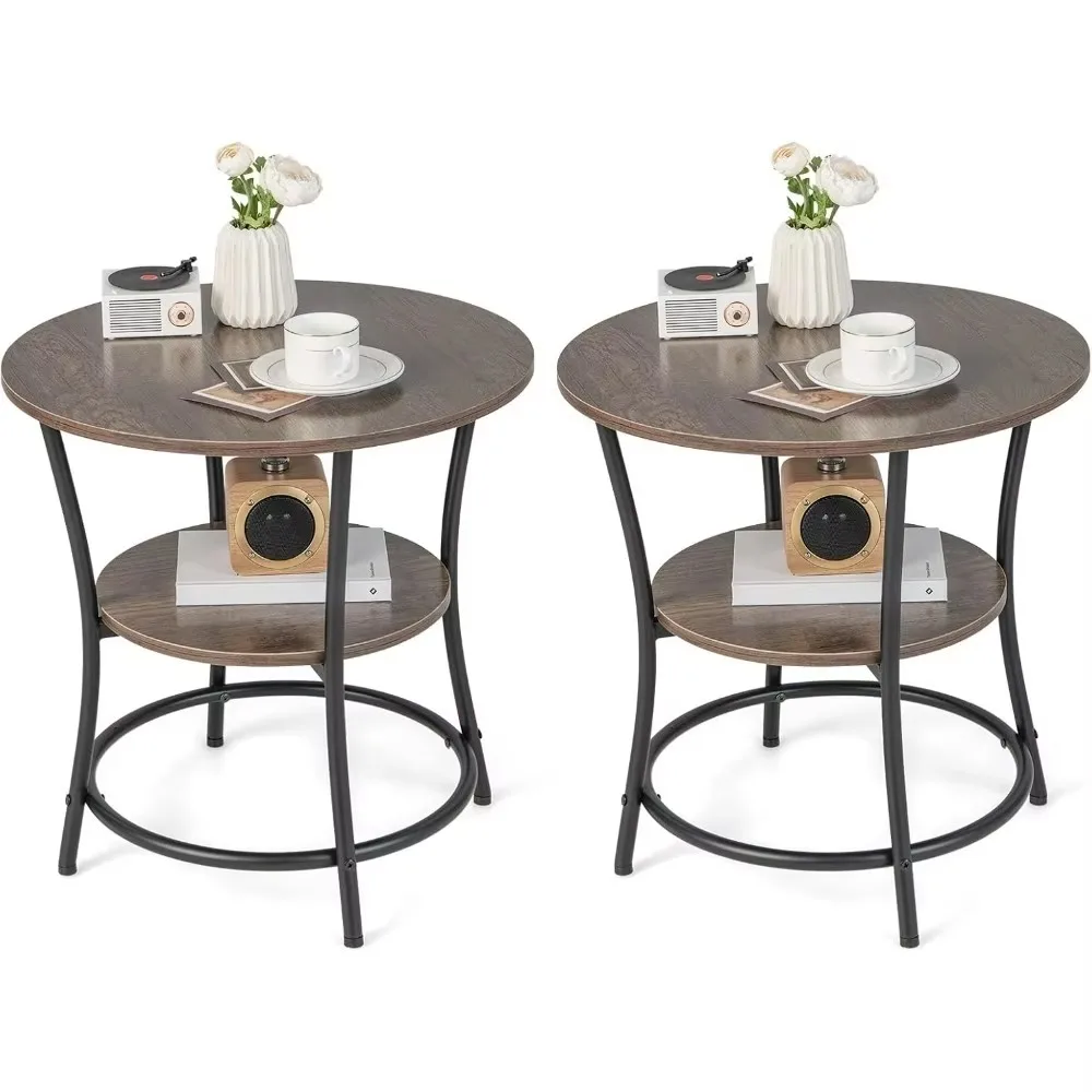 

Round End Table Set of 2, 2-Tier Sofa Side Table with Storage Shelf & Metal Frame, Compact Tea Table for Living Room, Bedroom