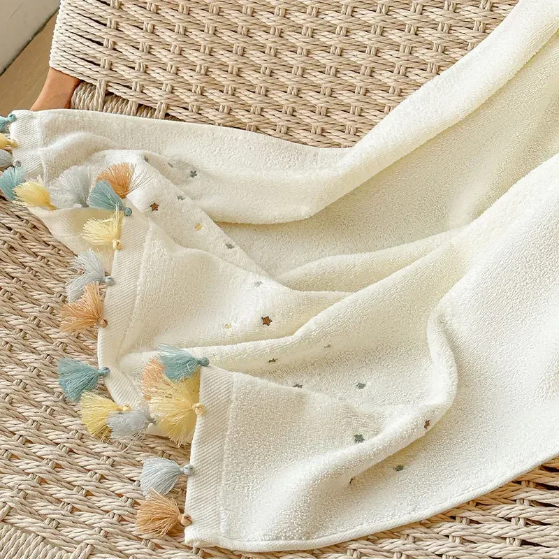 100% Cotton Tassel Bath Towel, Extra Large Super Absorbent Soft Towel, Cute Star Print for Bathroom Beach Travel