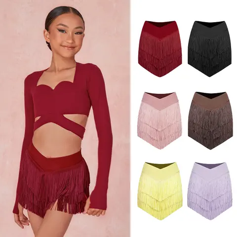 ZYM Girls Latin Dance Clothes Fringe Skirt Cha Cha Rumba Dance Skirt Performance Costume Kids Latin Practice Clothing DNV21738