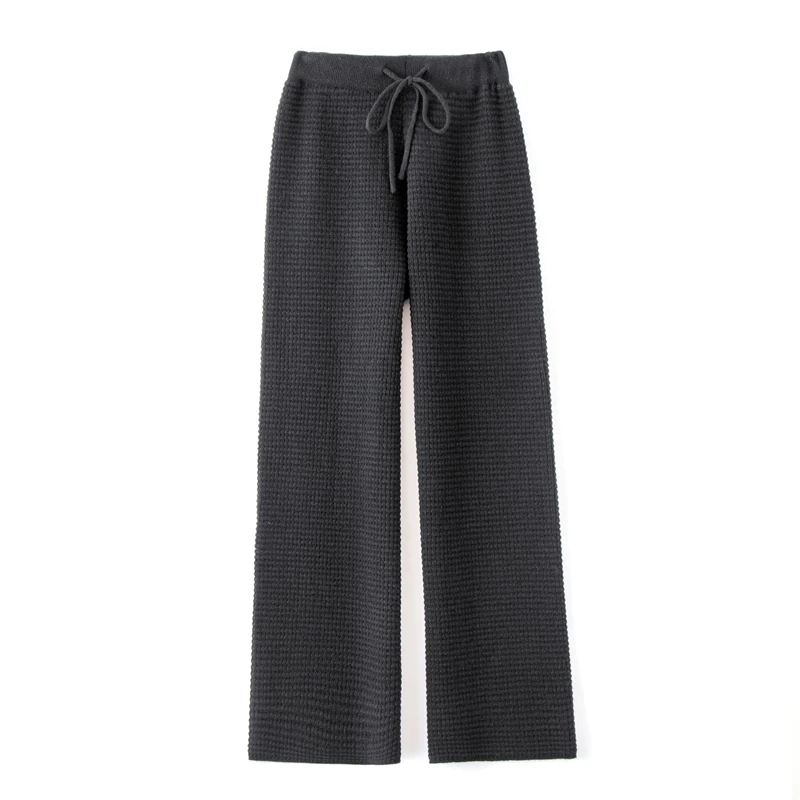 Autumn Winter Women 100% Merino Wool Huafuge Draw Rope Wide Leg Wool Pants Elastic Waist Office Lady Cashmere Trousers