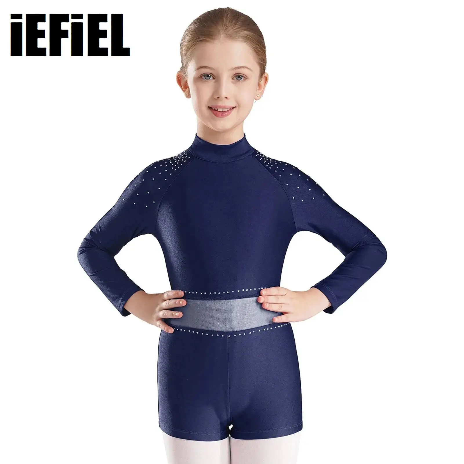 Kids Girls Figure Skating Bodysuit Gymnastics Dance Glittery Rhinestones Long Sleeve Jumpsuit Cut Out Back Leotard