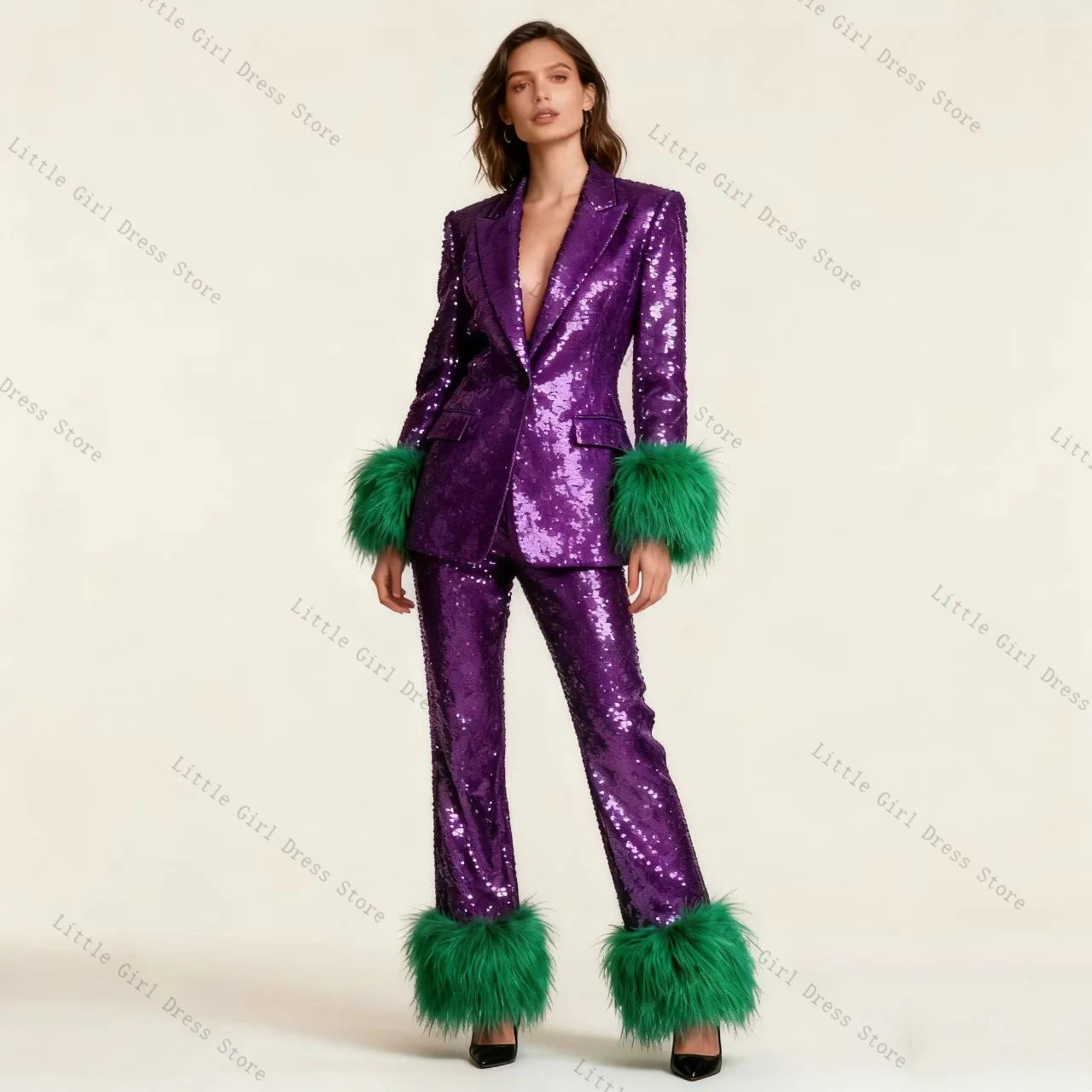 

Glitter Sequins Fur Women Suit Pants Set 2 Piece Blazer Trousers Formal Office Lady Jacket Party Wedding Bride Coat Customized