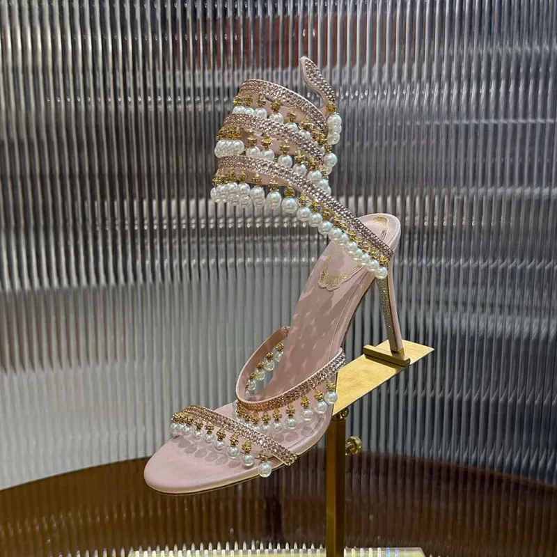 

Sandals Women Ankle Snake Shaped Strap Entanglement Dress Shoes Summer Tassels Rhinestone Decor Thin High Heels Sandalias