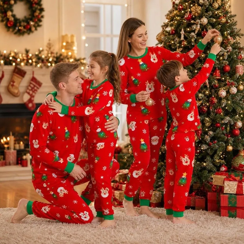 Red Long Sleeve Christmas Pyjamas Set Printed Santa Claus Couple Christmas Outfit Two Piece Set Xmas Trees Xmas Sleepwear Adult