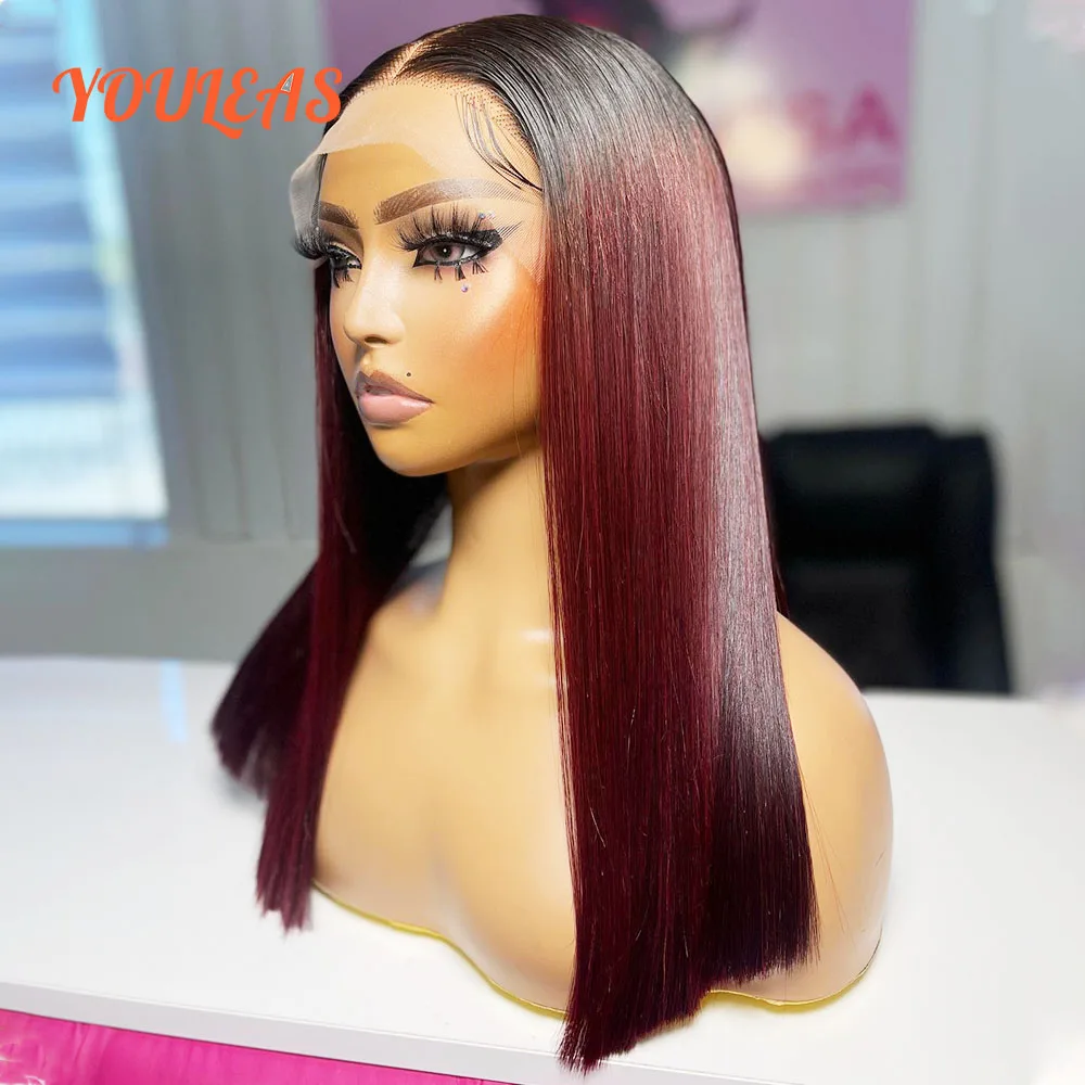 

250% Density Ombre 1b Burgundy Bone Straight Bob 13x6 Transparent Lace Front Human Hair Wig Glueless Wig Preplucked Ready To Go
