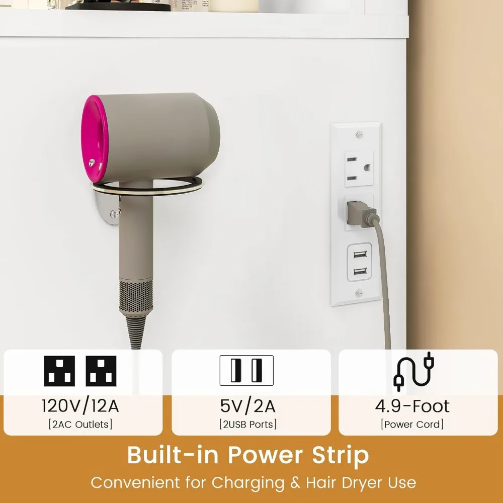 Meja Rias dengan Cermin Berlampu Besar dan Stopkontak, Meja Rias 46" dengan 9 Laci dan Desktop Kaca, Meja Rias