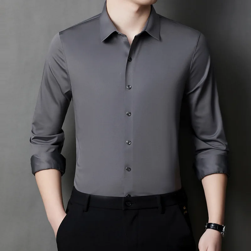 Elastic men's shirt, long sleeved, solid color, high-end formal attire, seamless and non ironing, cross-border business men's