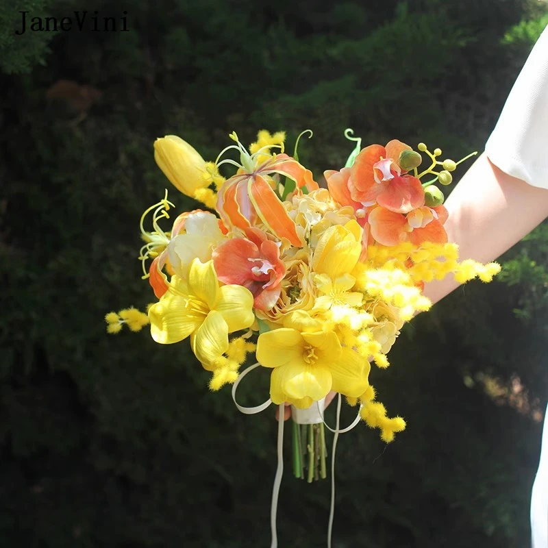 

JaneVini Yellow Tulip Korean Bridal Holding Bouquets Artificial Silk Roses Bridesmaid Bride Bouquet Flowers Wedding Accessories