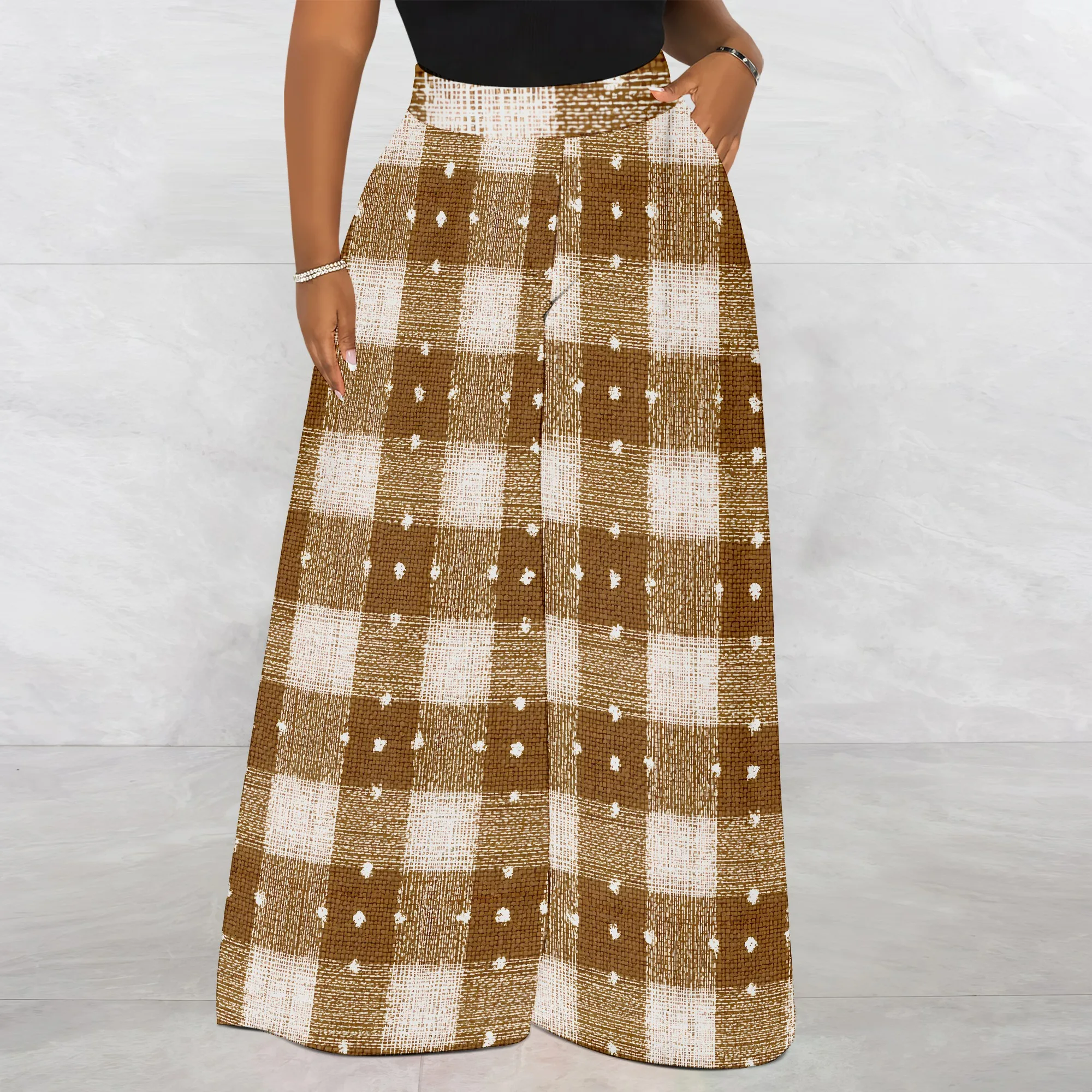 Brown Plaid Print Wide Leg Pants, Casual Checkered Trousers, High Waist Palazzo Pants for Women, Summer Beach Wear, S-2XL