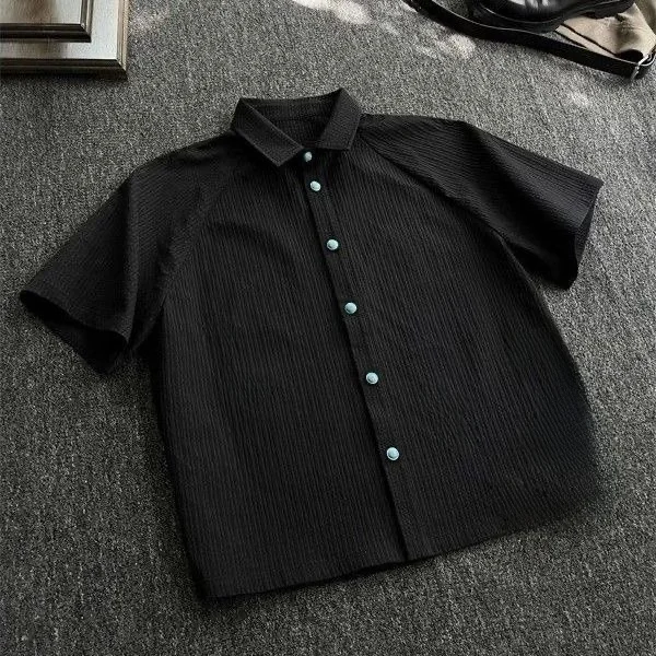 Casual Men's Short Sleeve Shirt Summer New Folded Green Turquoise Loose Fit Polyester Fiber Iron Free Button up Casual Style