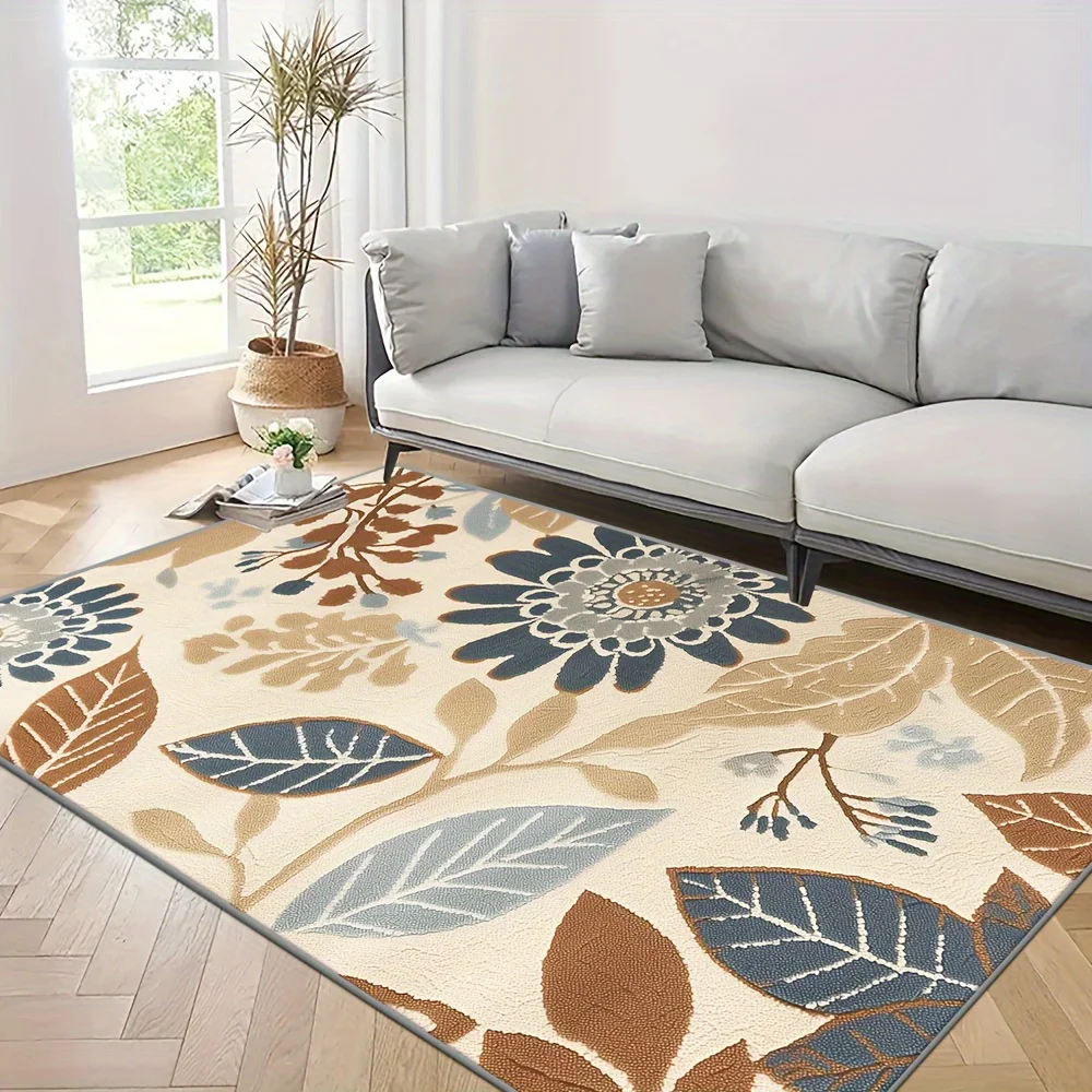 Boho Beige Blue Brown Large Leaf Area Rug Botanical Abstract Pattern Living Room Bedroom Washable Carpet