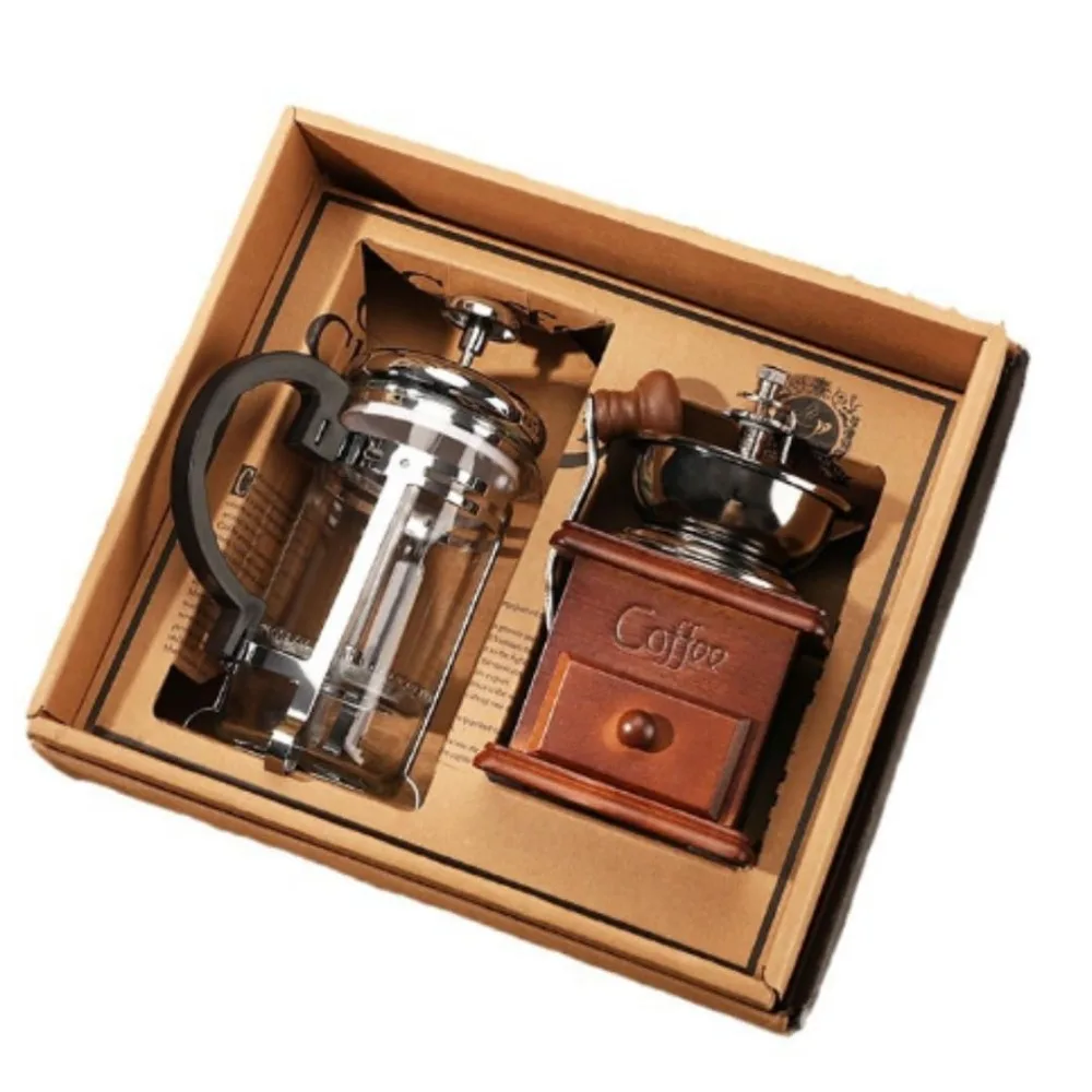 Coffee Maker Set Manual Coffee Grinder French Press Kit Vintage Hand Crank Coffee Set Home Barista Brewing Gift Set