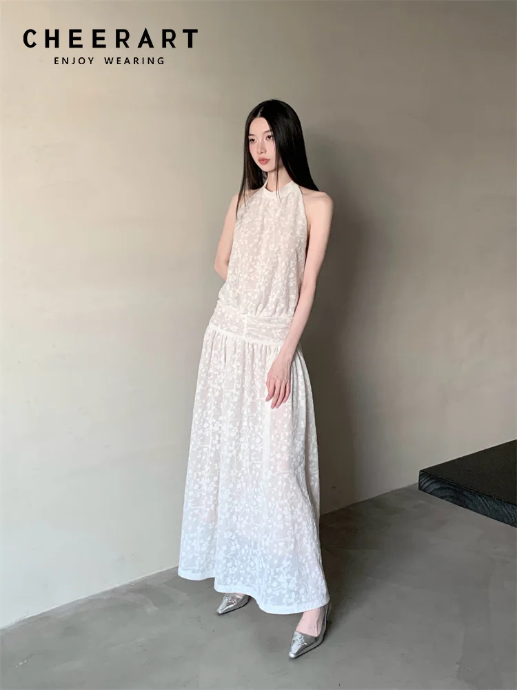 

CHEERART Jacquard Lace Backless Long Evening Dress 2025 Woman Sleeveless Sheer Halter A Line Midi Dress Summer Clothes