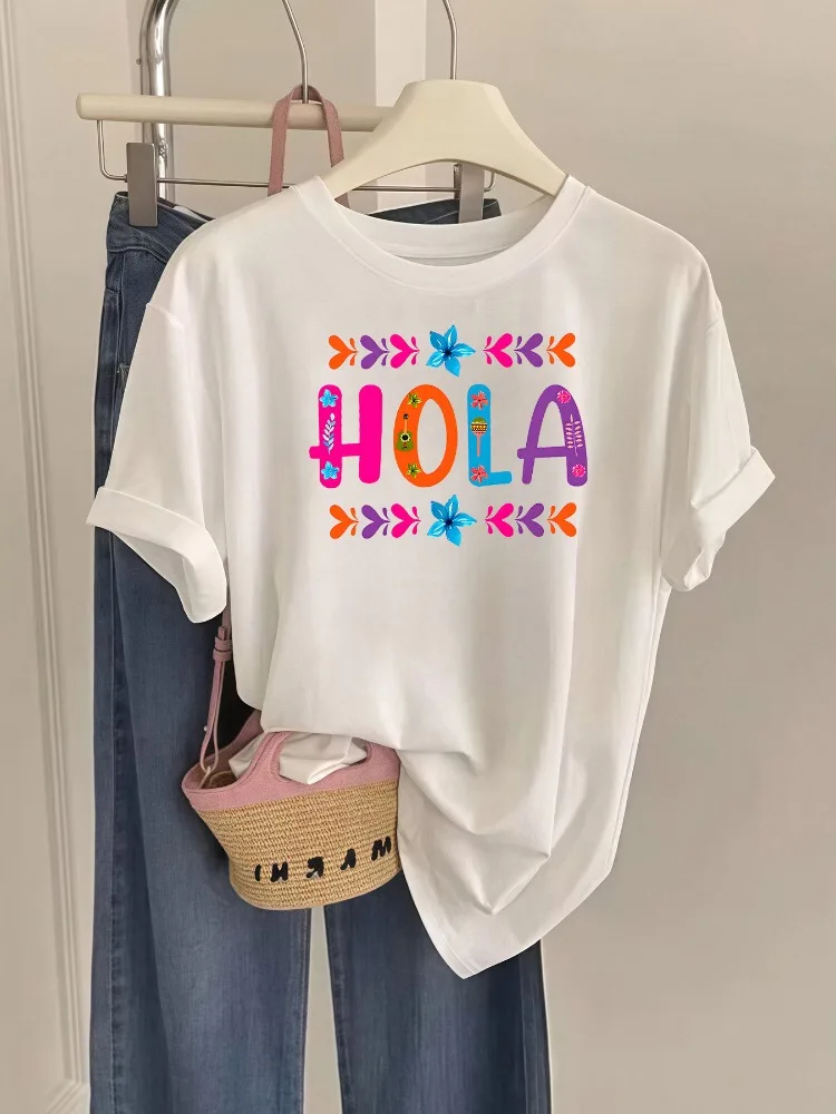 Women Casual Short-Sleeve T-Shirt with Colorful Spanish HOLA Print and Floral Heart Pattern for Summer Parties and Everyday Wear