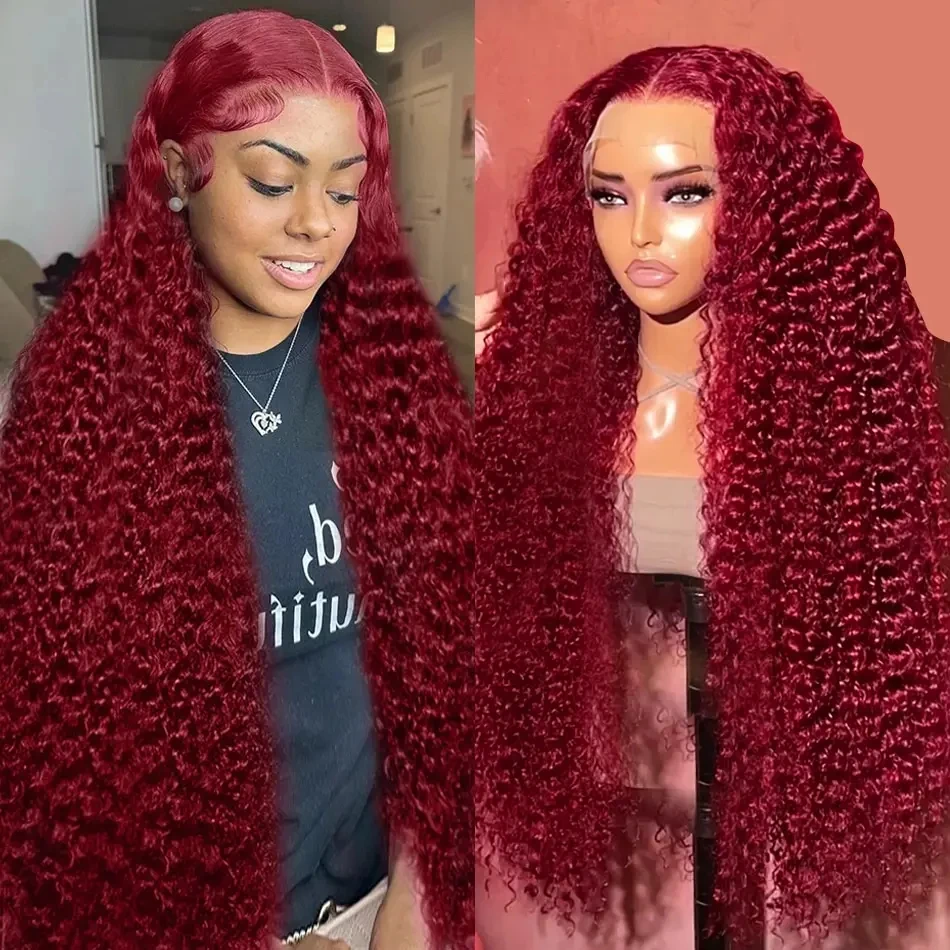 Wig gelombang dalam 99J merah anggur 13x4 HD Wig Frontal renda rambut manusia telah ditanami rambut manusia depan renda penuh Wig rambut manusia Brasil keriting