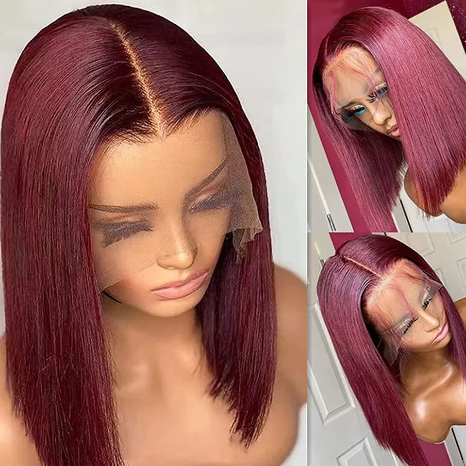 Dark Purple Straight Short Bob Transparent 13x4 Lace Frontal Wigs Brazilian Colored Human Hair Wig Party Daily Holiday For Women