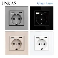 UNKAS Type-C USB Tempered Glass Panel Grey EU / Spain / Russia Wall Power Socket Grounded with Fast Charger Outlet Save Child