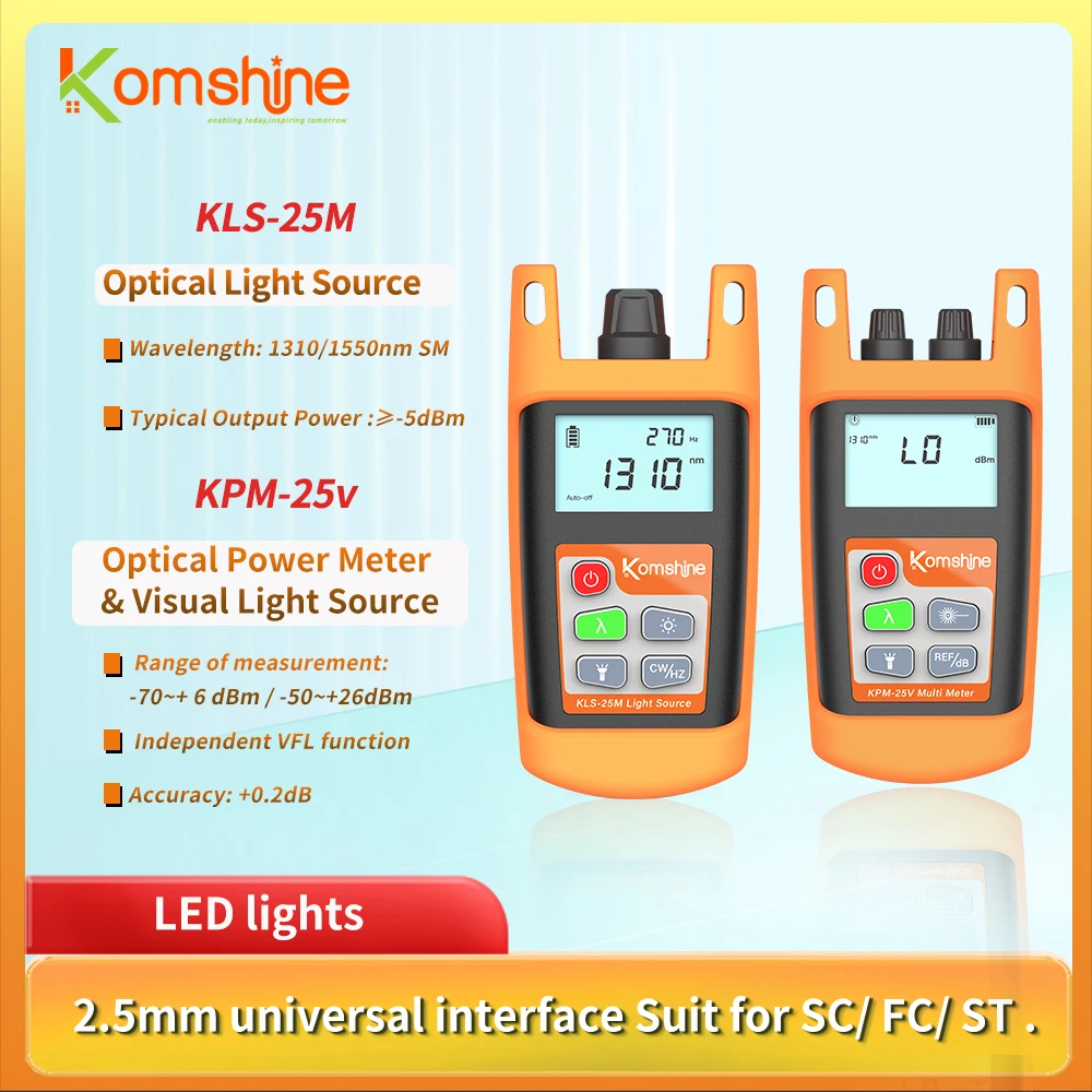 

FTTH Loss Tester Komshine Optical Fiber Power Meter KPM-25V Power Meter Built in 10mw VFL + SM Light Source KLS-25 1310/1550nm