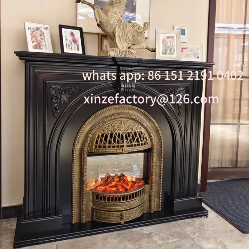 رف نار مقلد منحوت باللون الأسود العتيق قابل للتخصيص، مدفأة زخرفية لجو دخول الفيلا